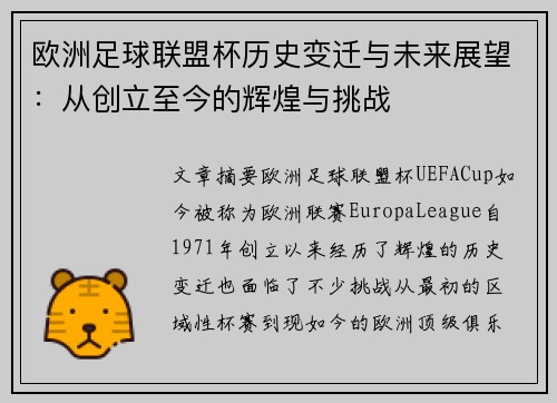 欧洲足球联盟杯历史变迁与未来展望：从创立至今的辉煌与挑战