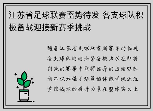 江苏省足球联赛蓄势待发 各支球队积极备战迎接新赛季挑战