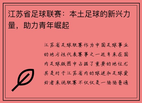 江苏省足球联赛：本土足球的新兴力量，助力青年崛起