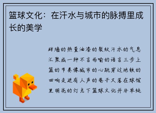 篮球文化：在汗水与城市的脉搏里成长的美学
