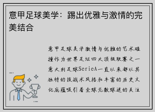 意甲足球美学：踢出优雅与激情的完美结合